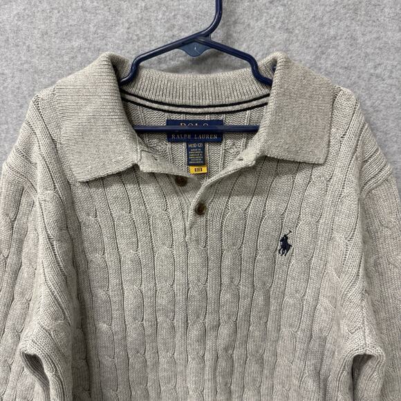 Ralph Lauren POLO Boys 10 / 12 Collared Cable Knit Sweater Gray Coastal Preppy - Picture 3 of 8